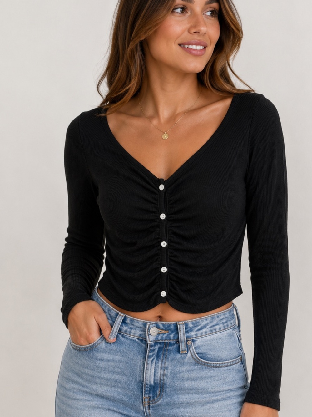 Lydia Black Ruched Button-Front Long Sleeve Top